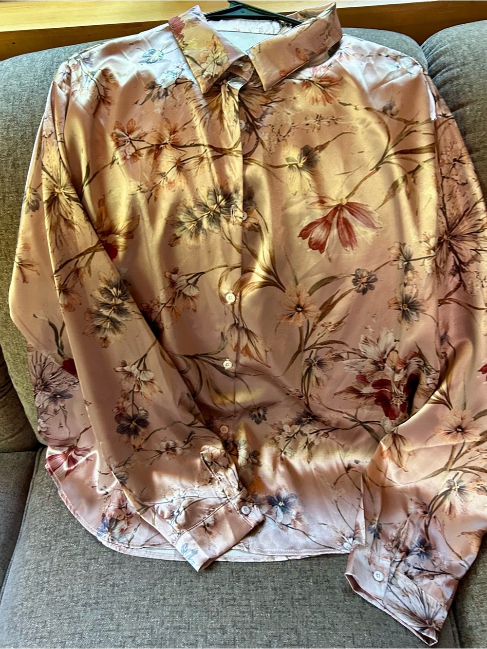 Floral Satin Button-Down Shirt in Blush Pink